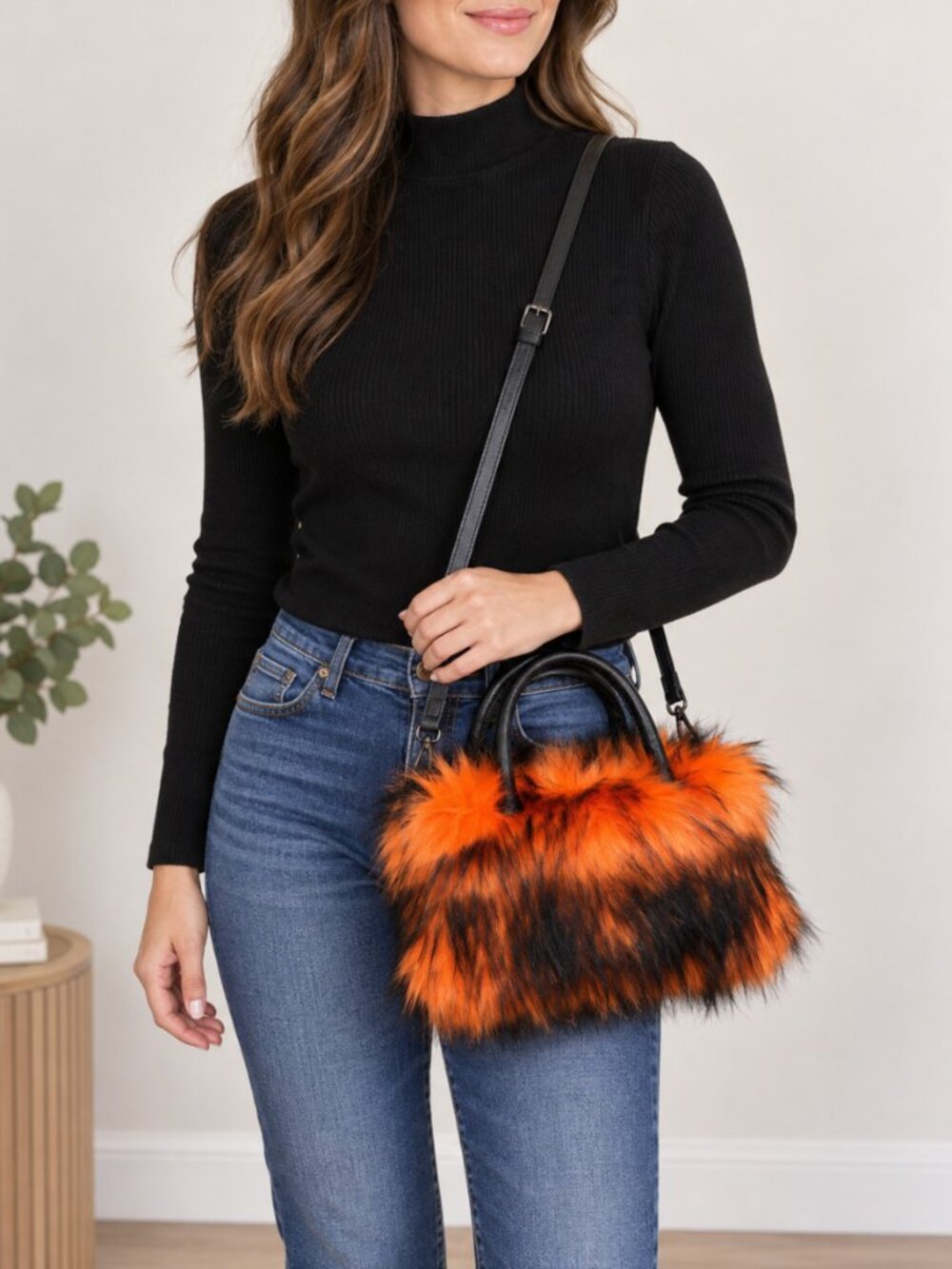 Faux Fur Orange Black Convertible Crossbody Satchel Bag NWOT